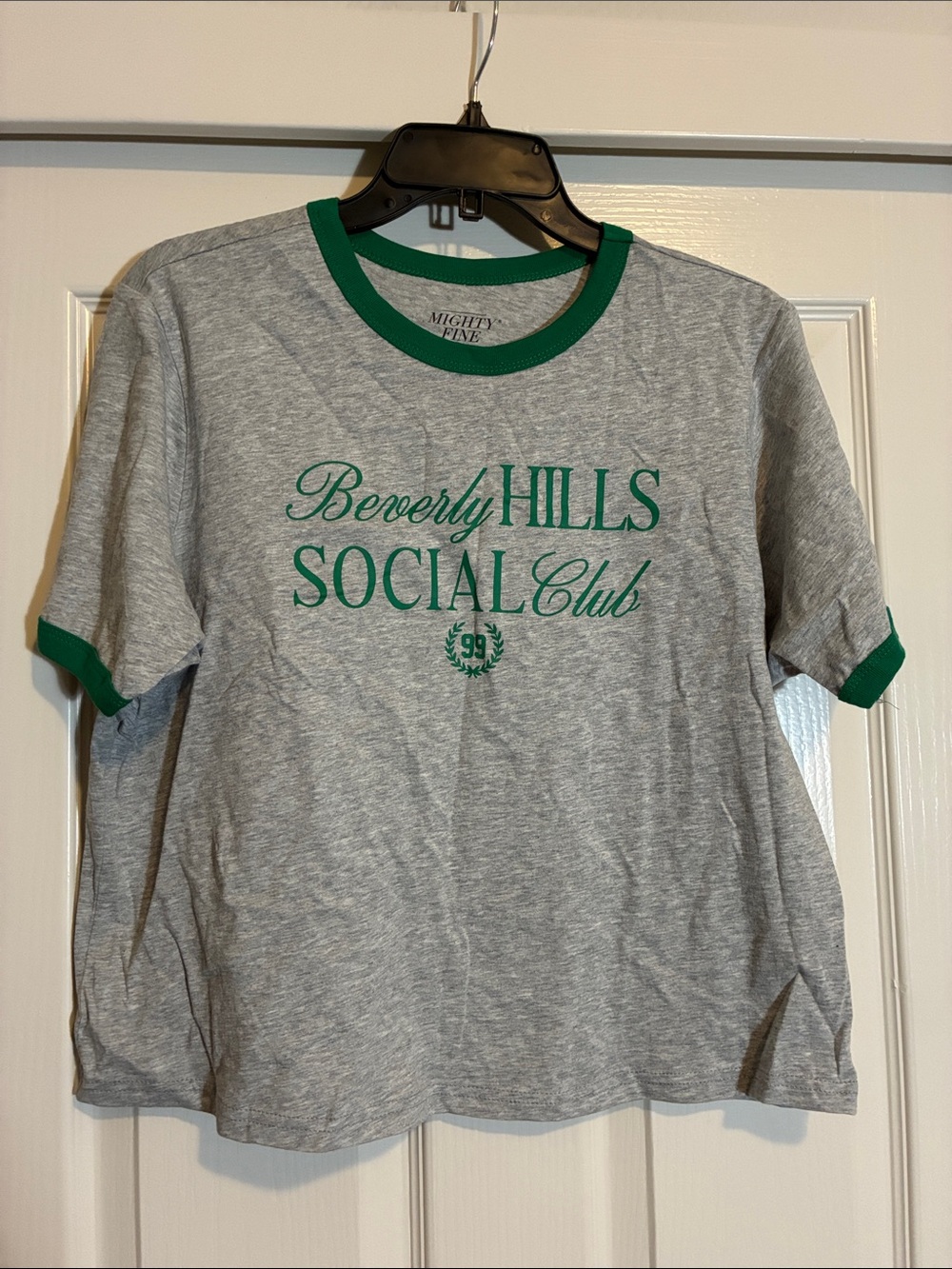 Mighty Fine Gray Tee with Green Ringer Trim & Beverly Hills Social Club Graphic